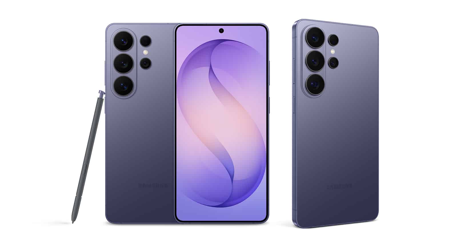 Samsung Galaxy smartphone in violet, shown from the front and rear
