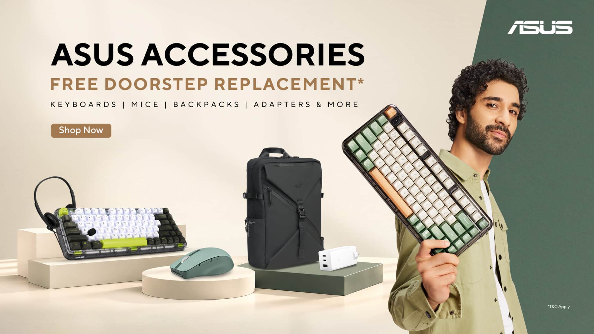ASUS accessories free doorstep replacement campaign with keyboards, mouse, laptop backpack and charger featuring Raghav Juyal