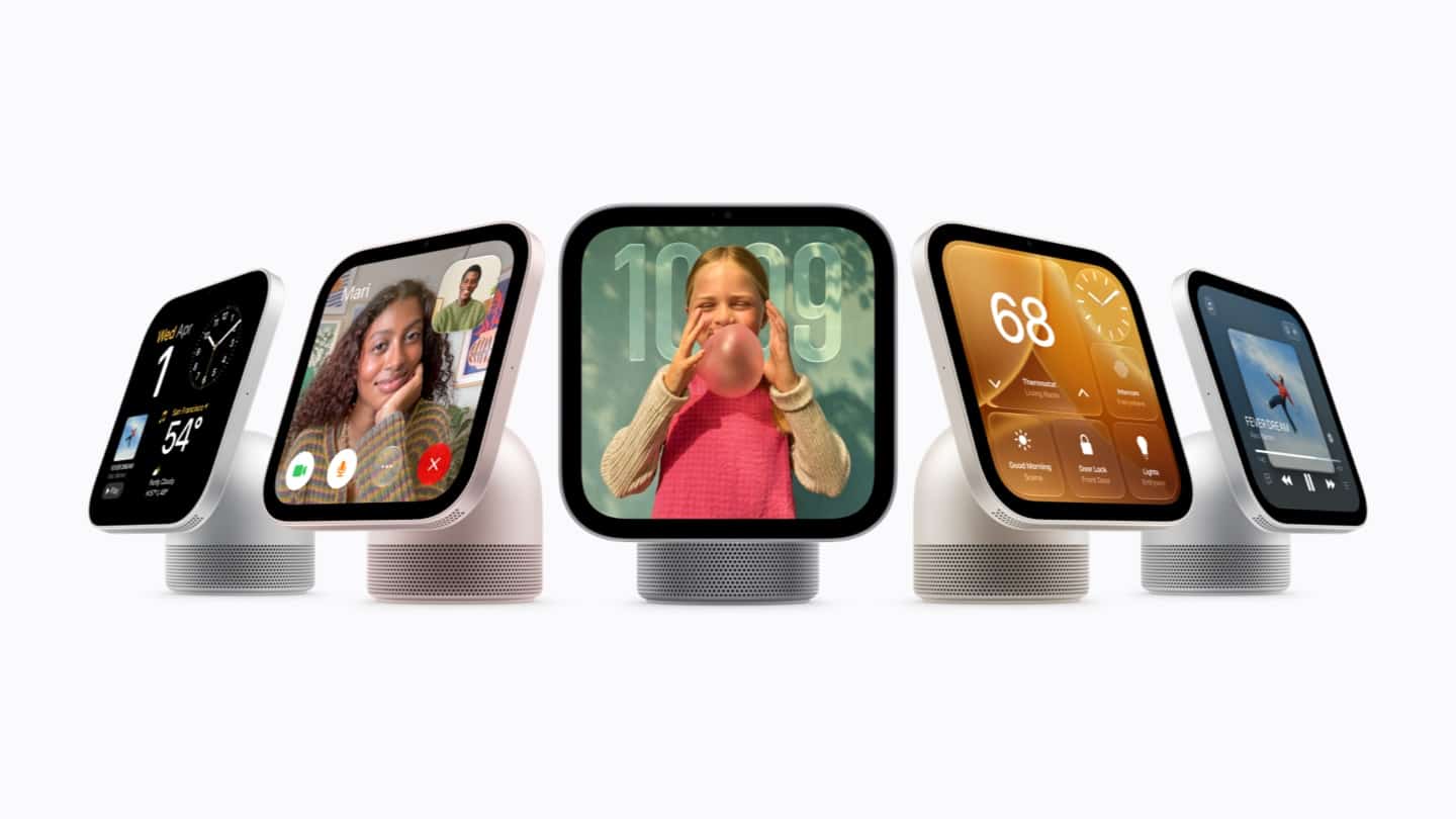 Apple HomeView smart displays with desktop bases and wall-mounted designs