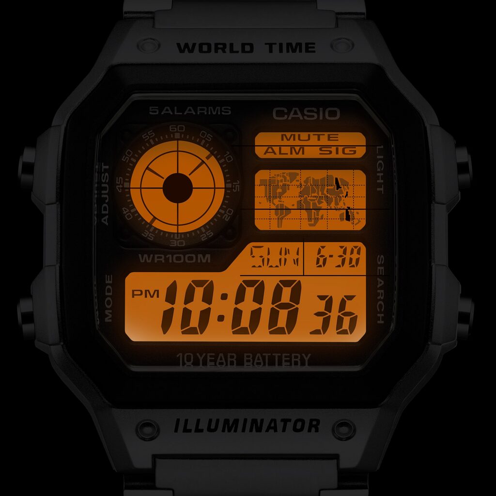 Amber LED illuminating the Casio AE-1200WHD world-time digital display
