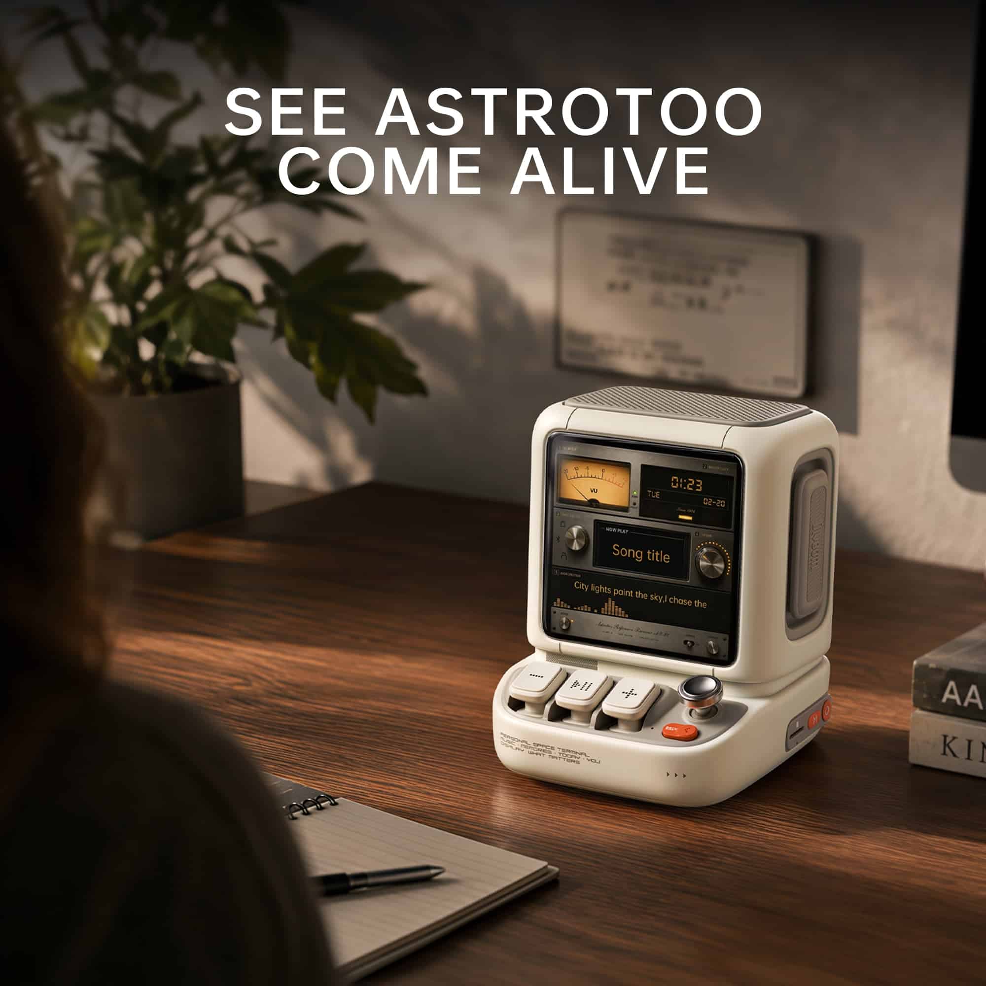 Divoom Astrotoo 20W desktop speaker showing its 480 x 480 display