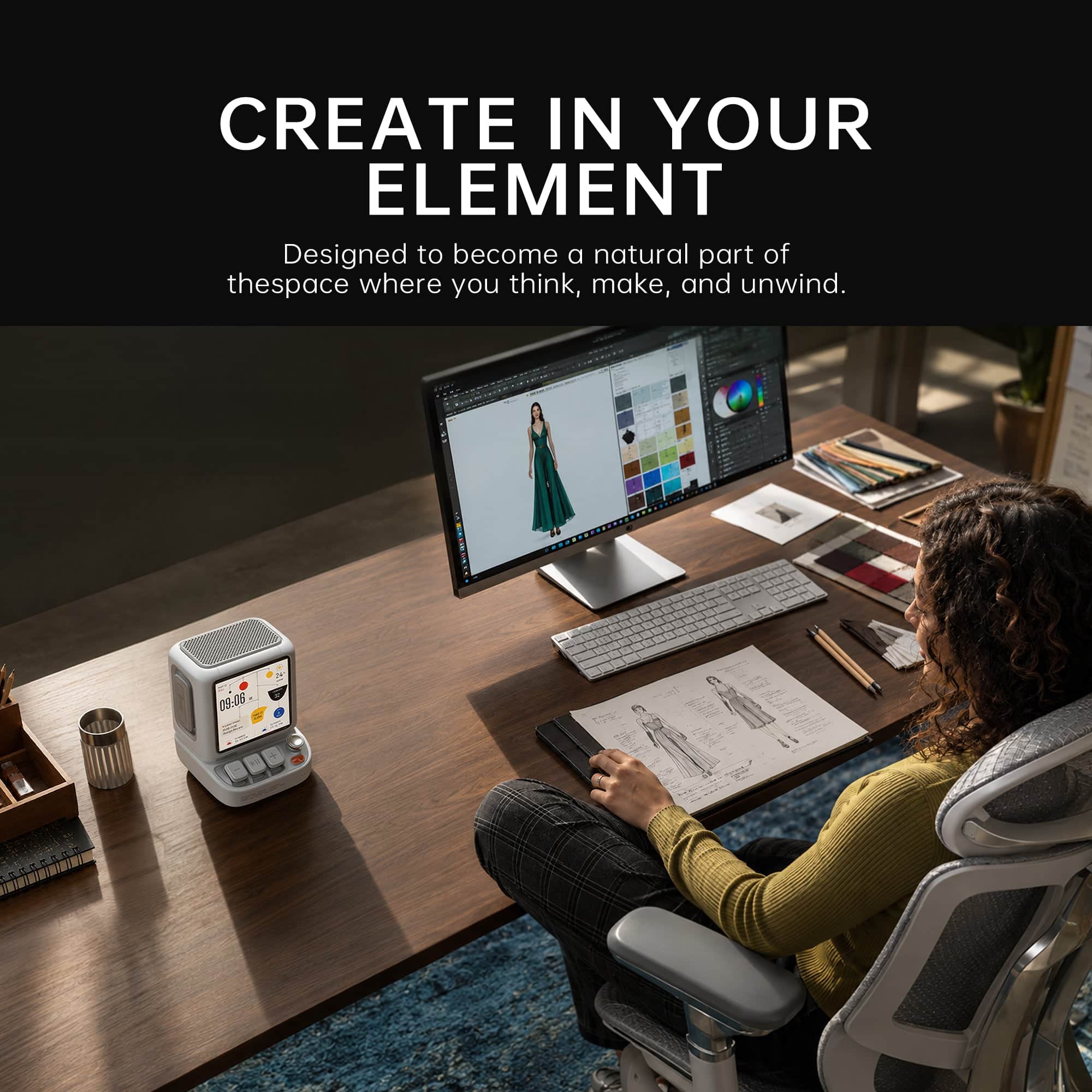 Divoom Astrotoo smart pixel art speaker in a desktop setup