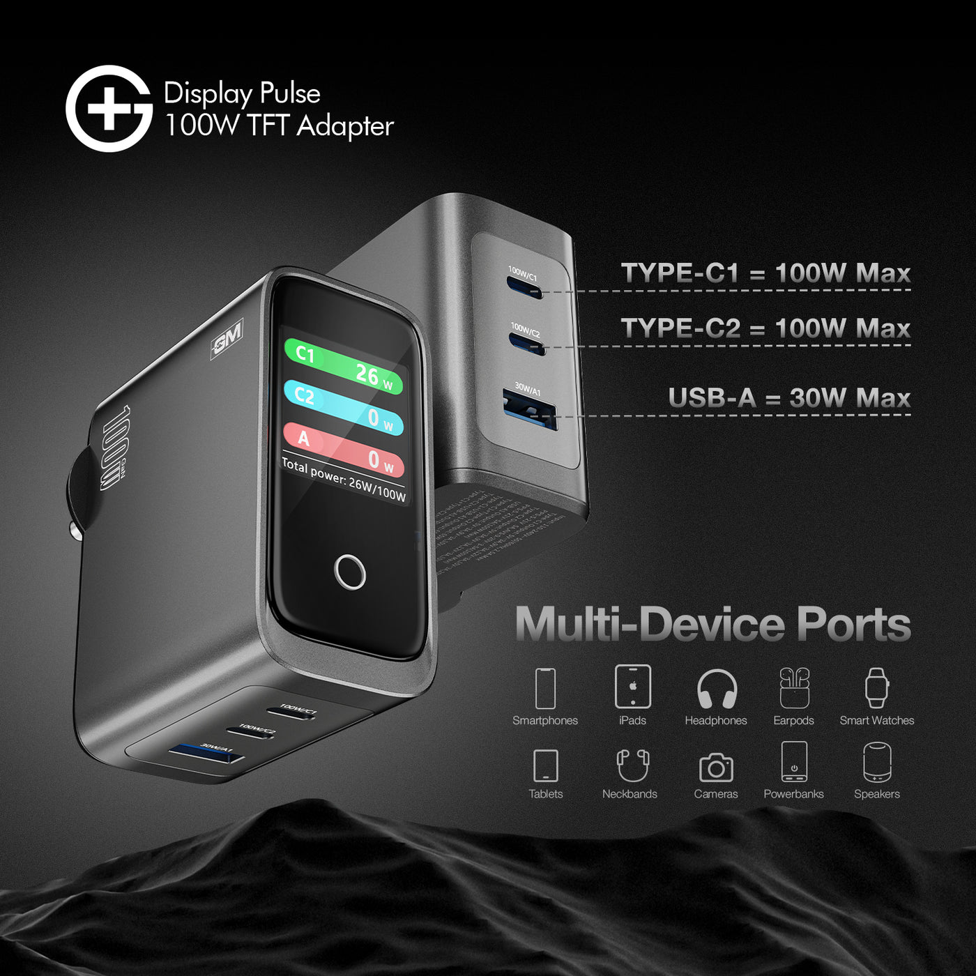 GM G Plus DisplayPulse 100W charger with TFT display and three ports