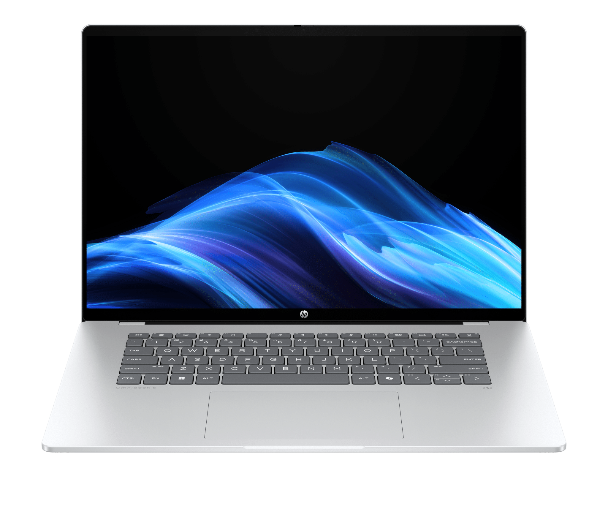 HP OmniBook 5 16-inch Snapdragon laptop in Glacier Silver viewed from the front