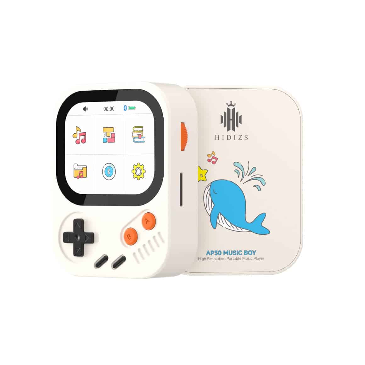 Hidizs AP30 Music Boy Classic White music player front and whale-patterned back