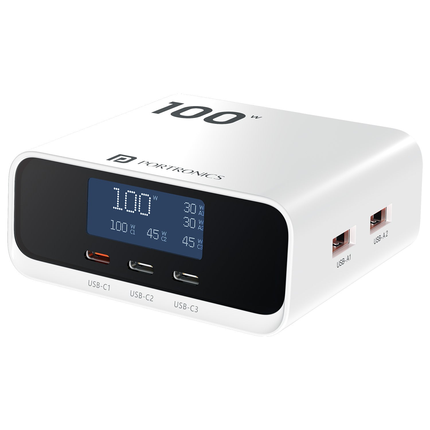 Portronics Adapto 100D 100W GaN desk charger with LCD display and five ports