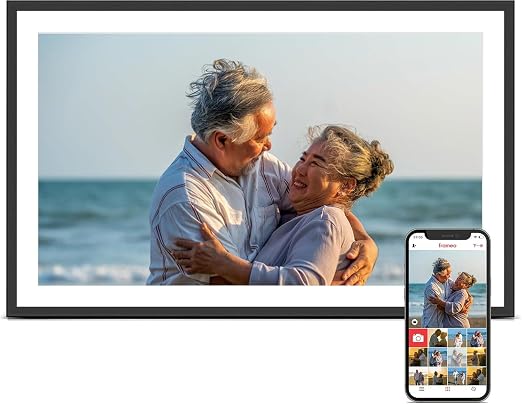 XElectron 15.6 inch digital photo frame showing family memories with Frameo app