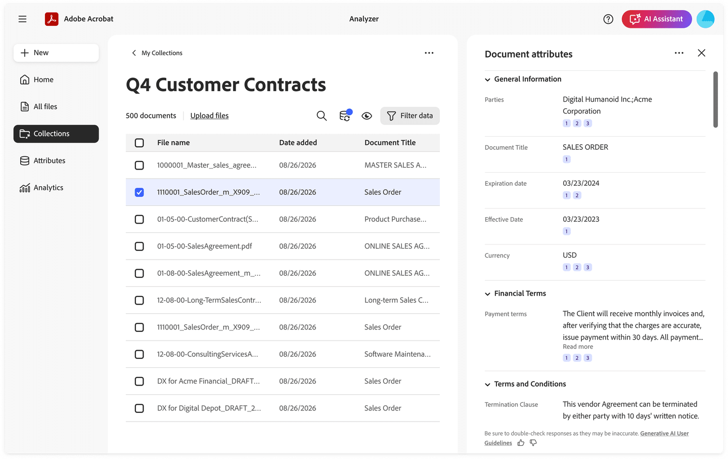 Adobe Acrobat Analyzer displaying customer contracts and extracted document attributes with numbered citations