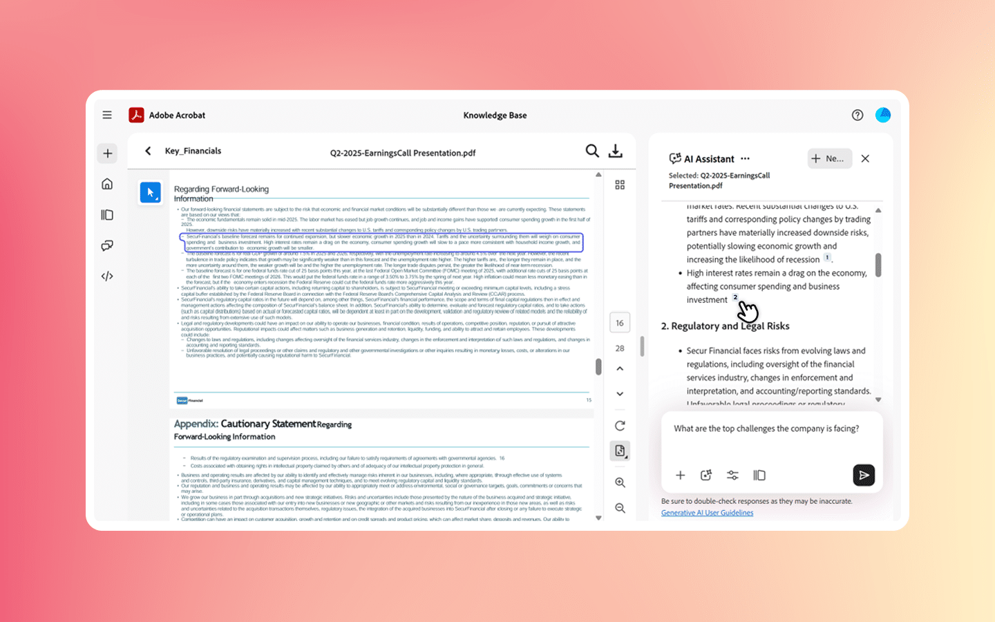 Adobe Acrobat Knowledge Base showing an AI answer linked to a highlighted passage in a document
