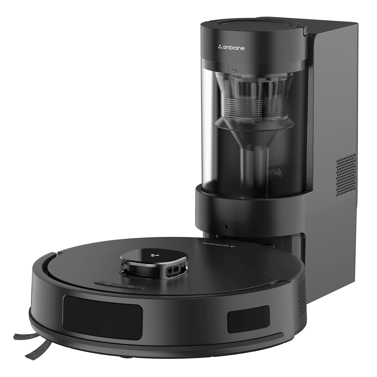 Ambrane RoboSwipe 1+ robot vacuum cleaner beside its bagless dust-collection dock