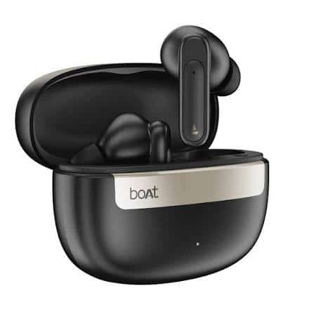 boAt wireless earbuds with black and gold charging case