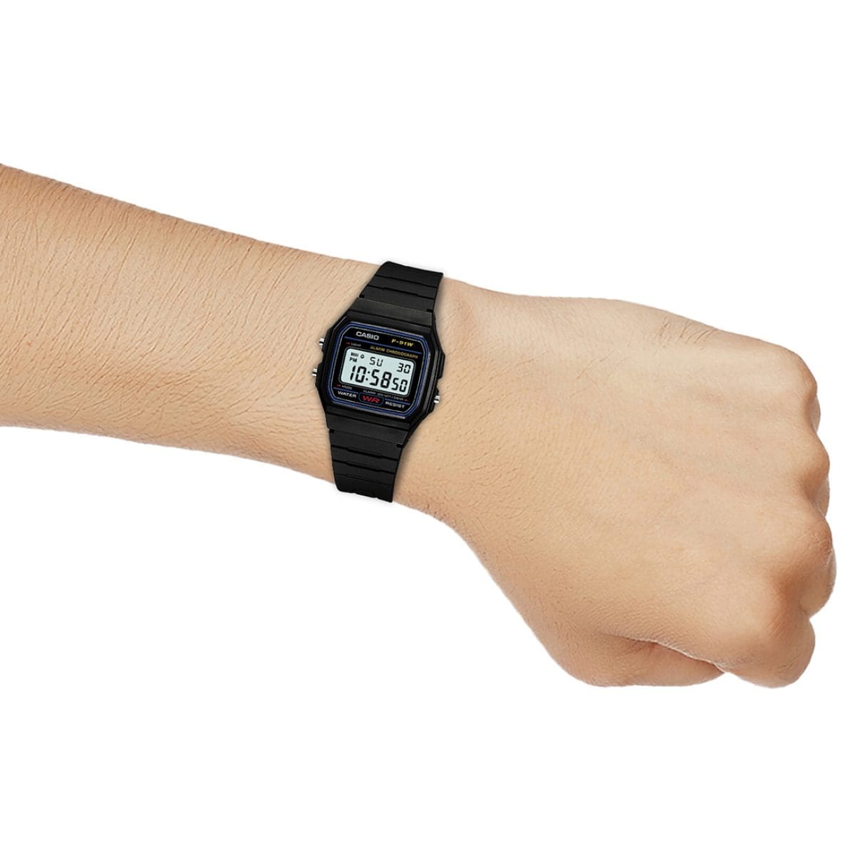 Casio F91W black digital watch on wrist