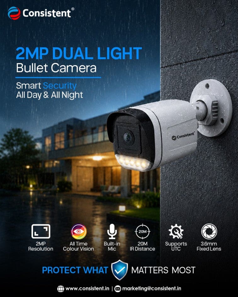 Consistent Dual-Light bullet CCTV camera showing night vision, microphone and 3.6mm lens features