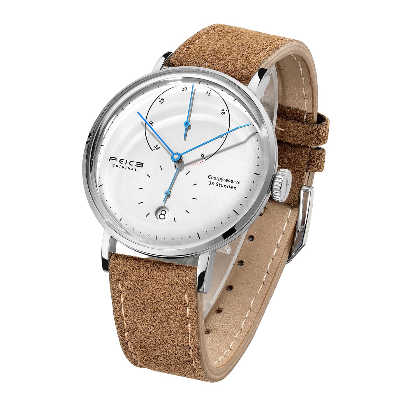 FEICE FM202 automatic Bauhaus watch with white dial and tan leather strap