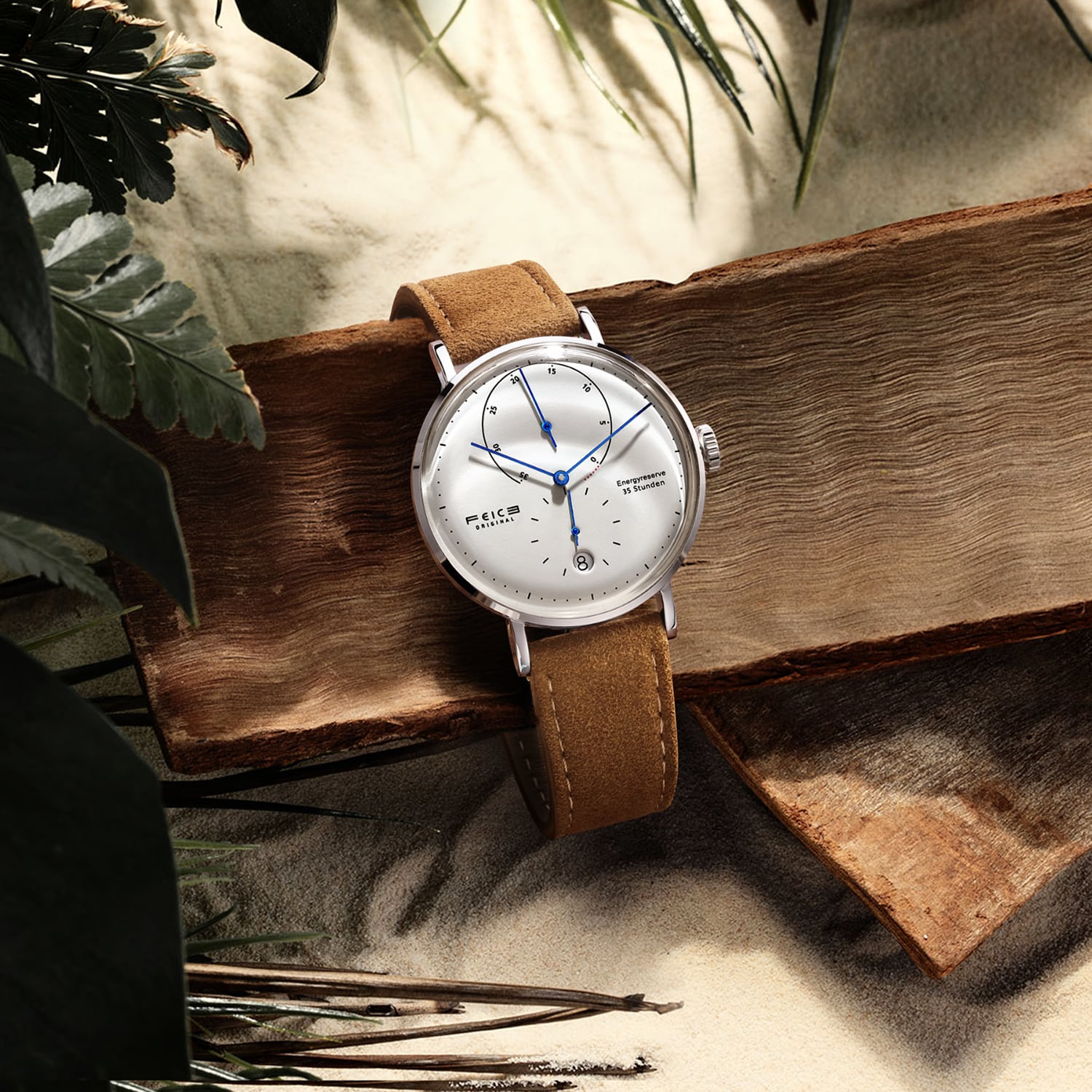 FEICE FM202 white dial automatic watch and brown leather strap