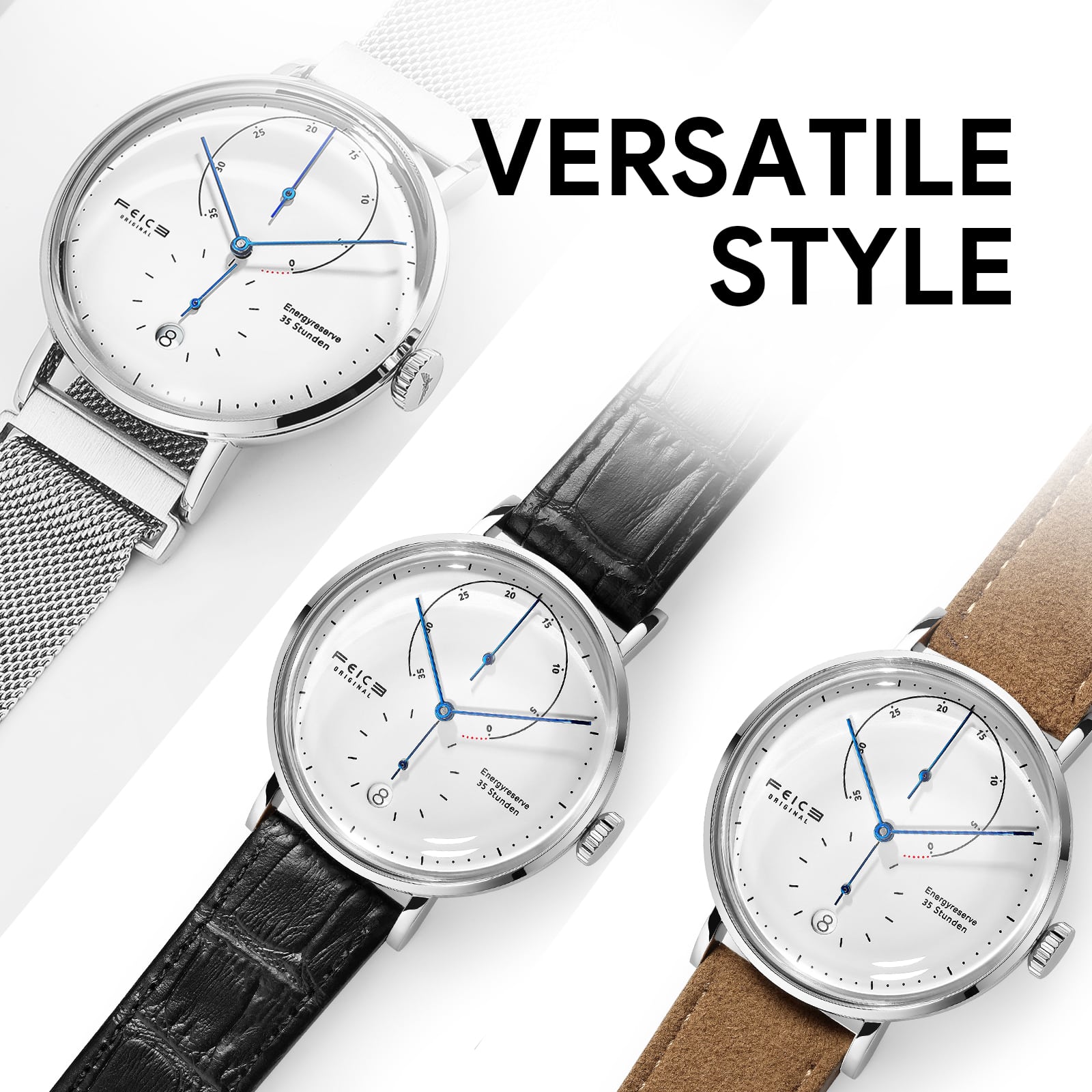 FEICE FM202 watches with brown leather black leather and stainless steel mesh straps