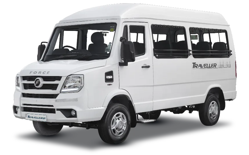 Force Traveller N passenger van in white, shown from the front and side