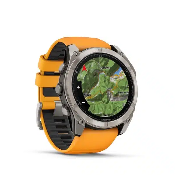Garmin fenix 8 51mm AMOLED displaying a coloured topographic map