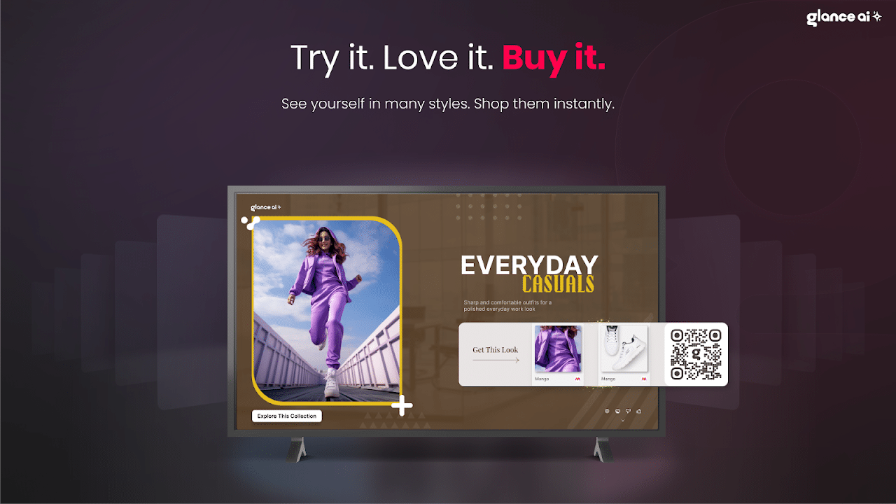 Glance AI television shopping screen with a curated outfit, matching products and a QR code