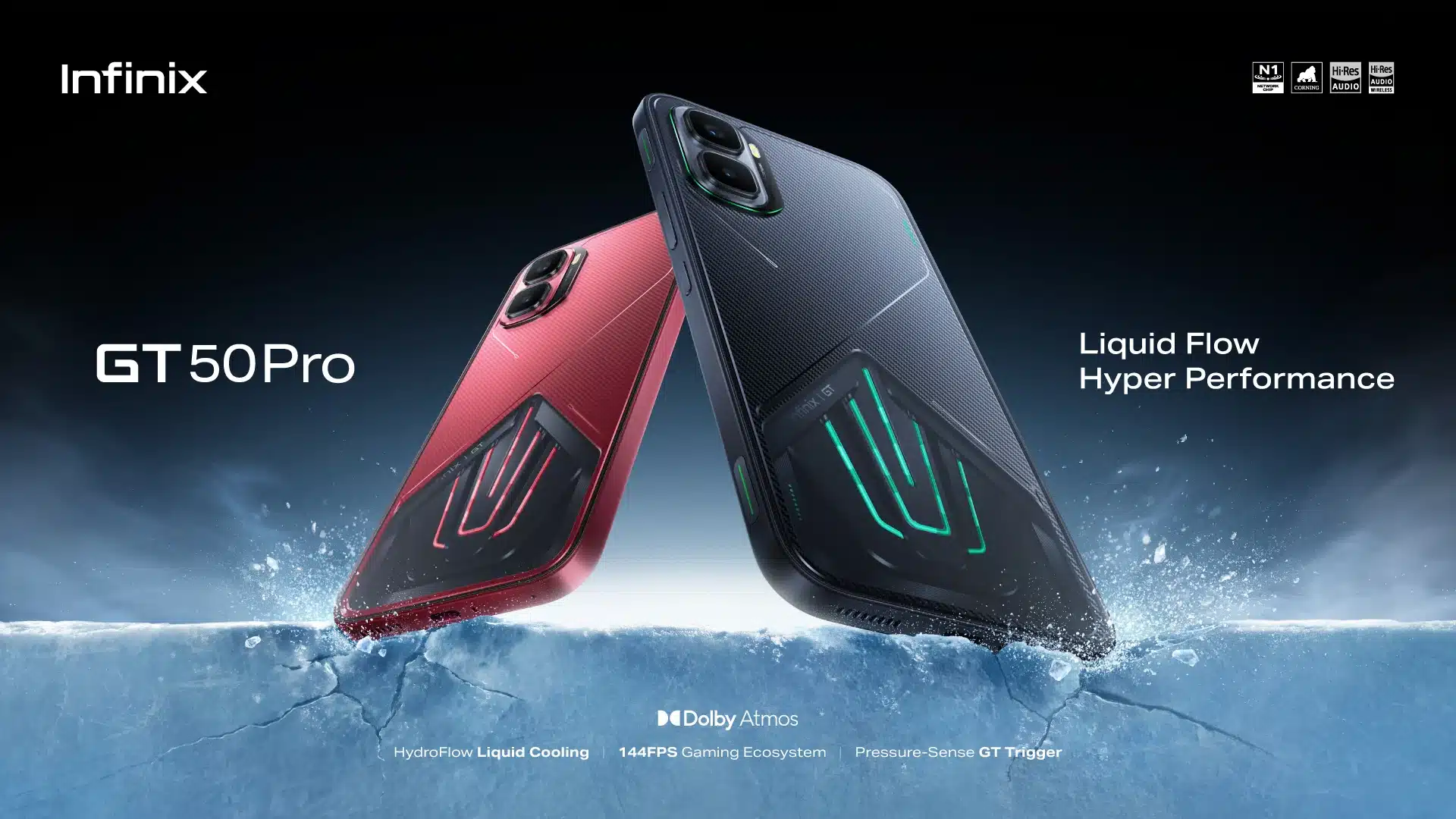 Infinix GT 50 Pro gaming smartphone in black and red finishes