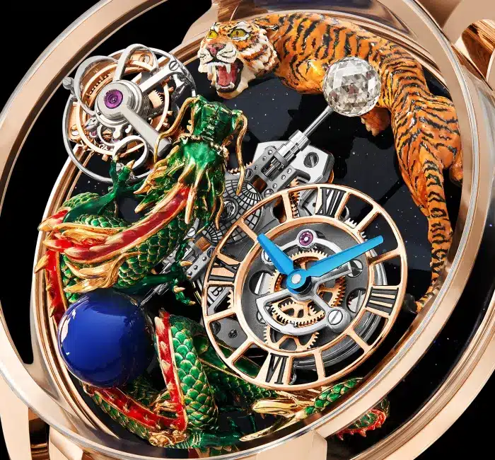 Jacob and Co Astronomia Dragon and Tiger close-up showing sculptures and dial