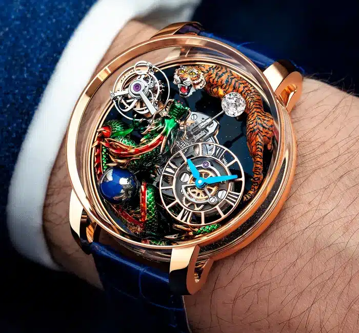 Jacob and Co Astronomia Dragon and Tiger rose gold watch worn on wrist