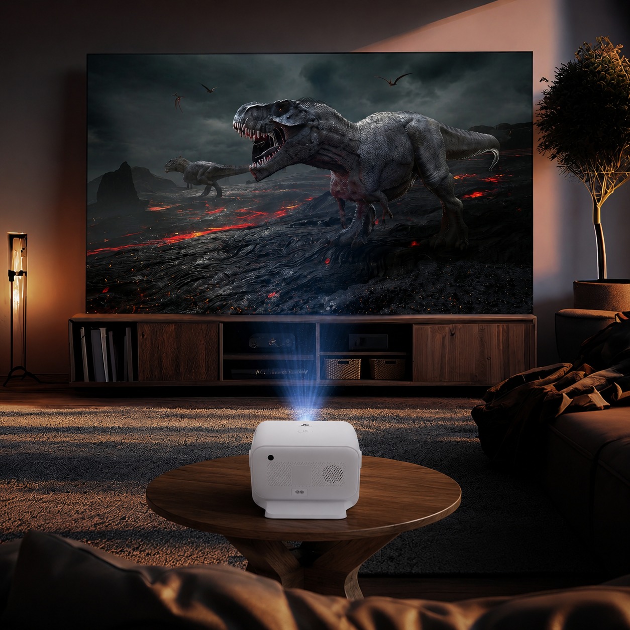 JUST CORSECA JC STUDIOX PRO JST 832 projector shown in a home entertainment setting