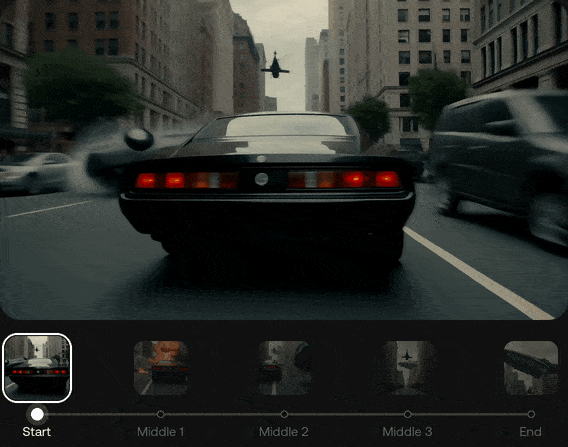 Kling 4.0 AI video demo with start, middle and end frames on a timeline
