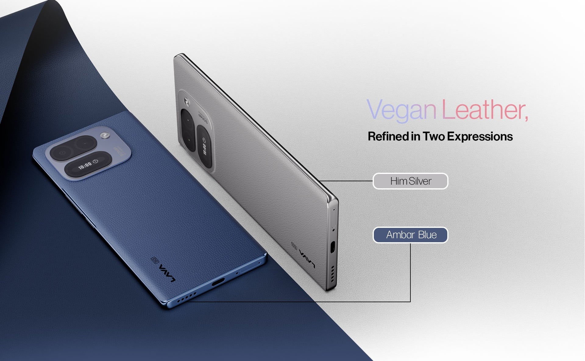 Lava Aura Curve 5G in Ambar Blue and Him Silver with vegan leather backs