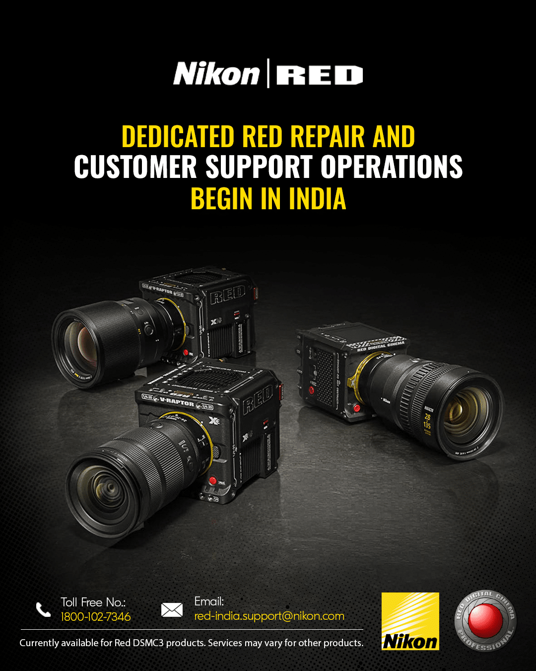 Nikon RED India repair and customer support announcement showing RED cinema cameras and dedicated contact details