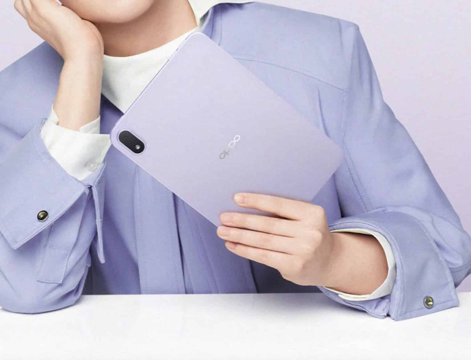 Lavender OPPO Pad Mini compact tablet rear design held in one hand