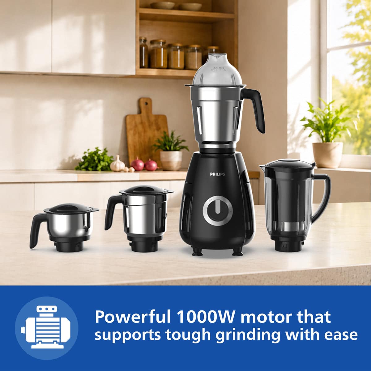 Philips HR7732 mixer grinder and four jars on a kitchen counter