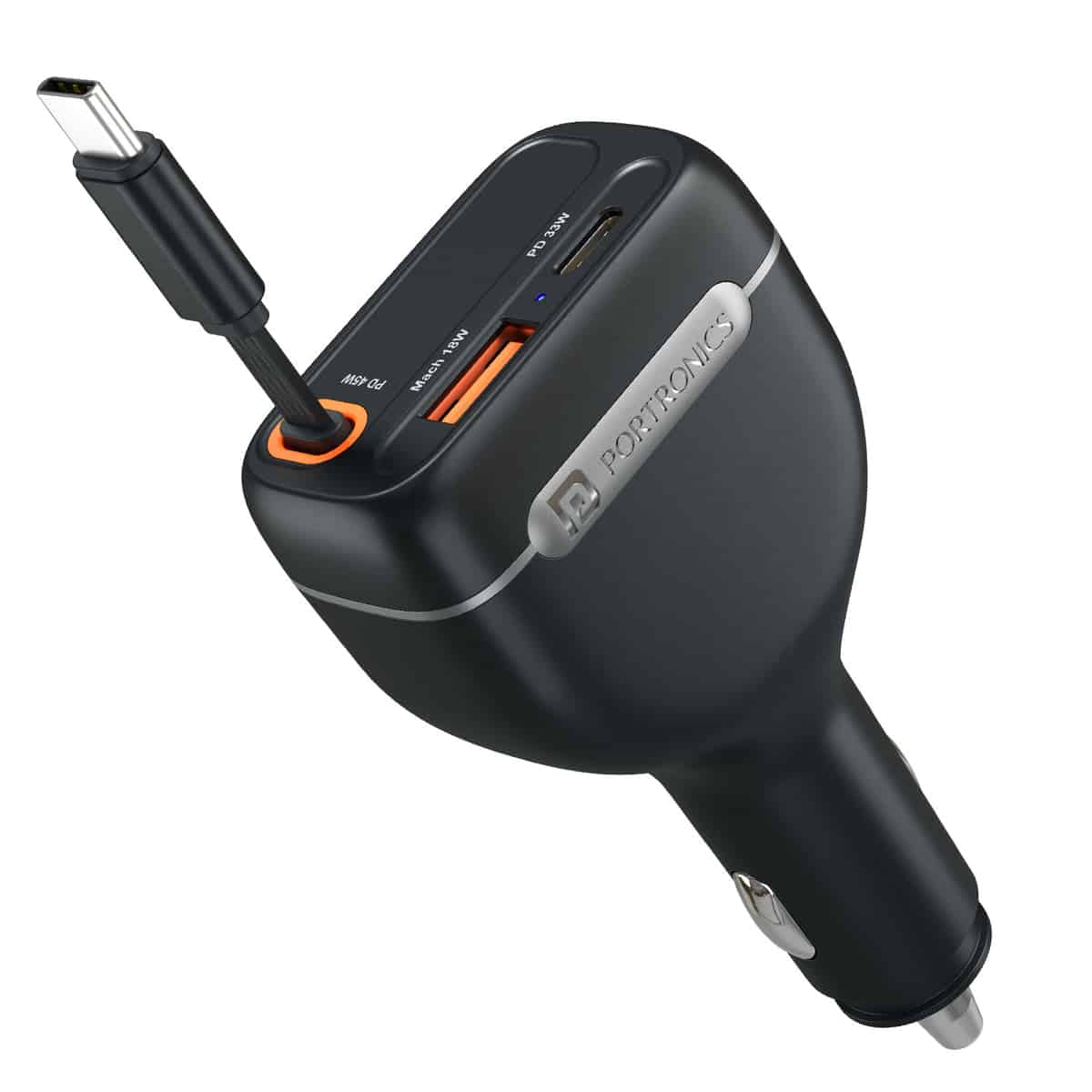 Portronics Car Power Neo with retractable USB-C cable and 33W USB-C and 18W USB-A ports