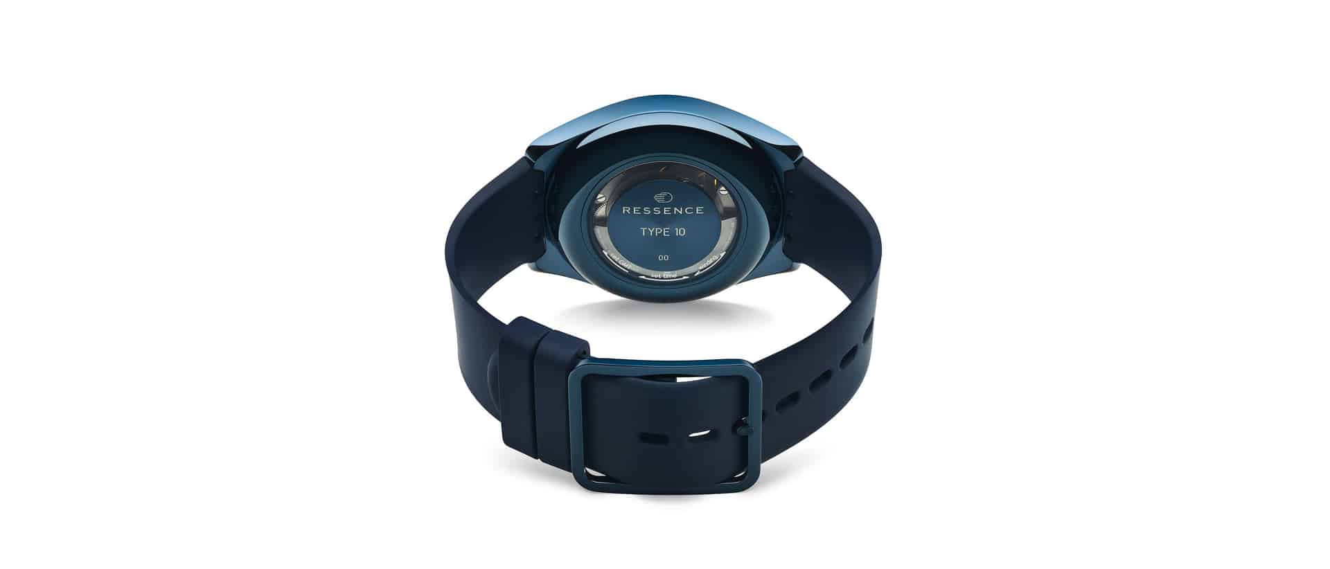 Rear view of the Ressence Type 10 DN showing its sapphire caseback, integrated rubber strap and titanium buckle
