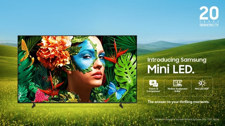 Samsung Mini LED television from the Vision AI TV range, showing a colourful portrait