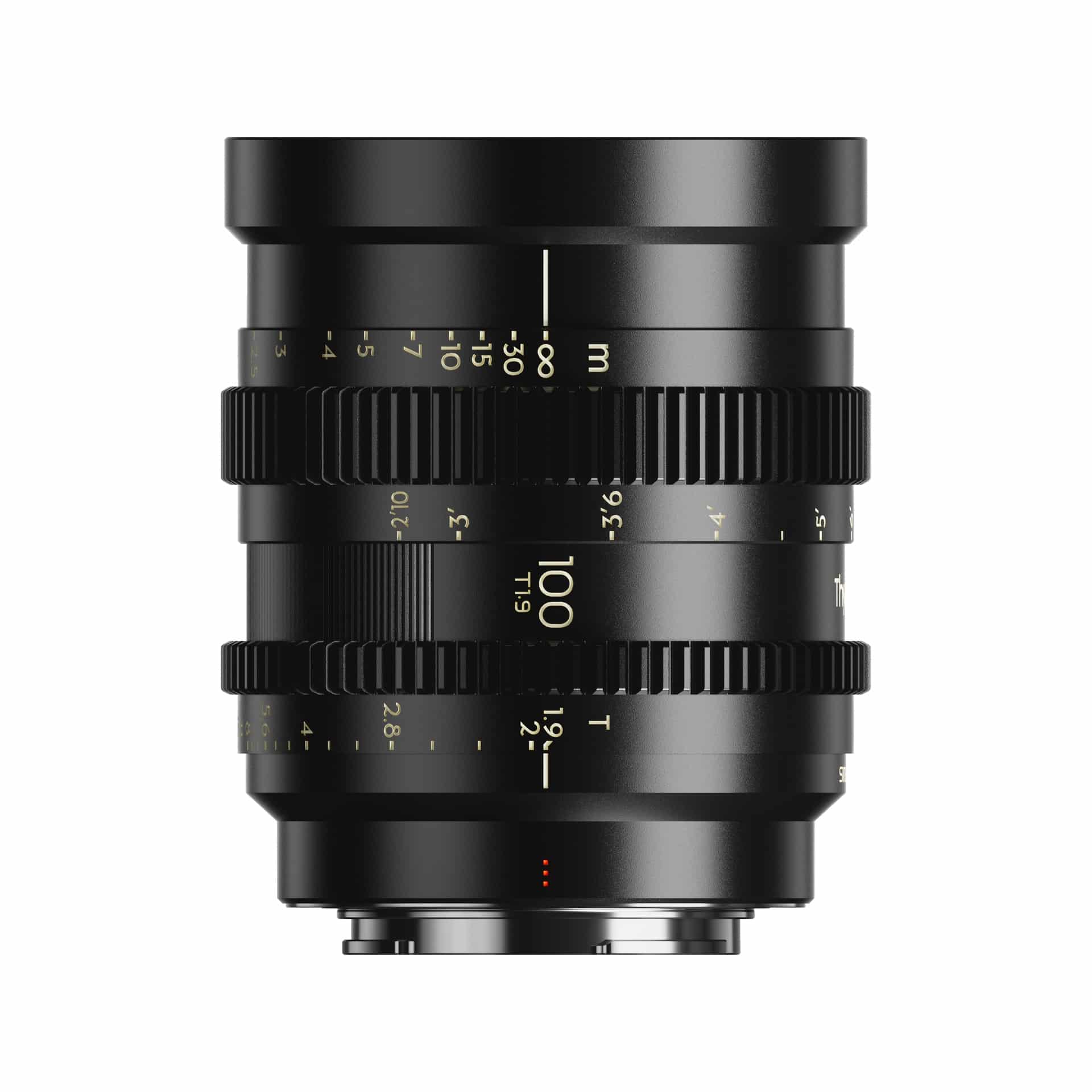 Side view of the Thypoch Simera-C 100mm T1.9 E-mount lens showing geared focus and aperture rings