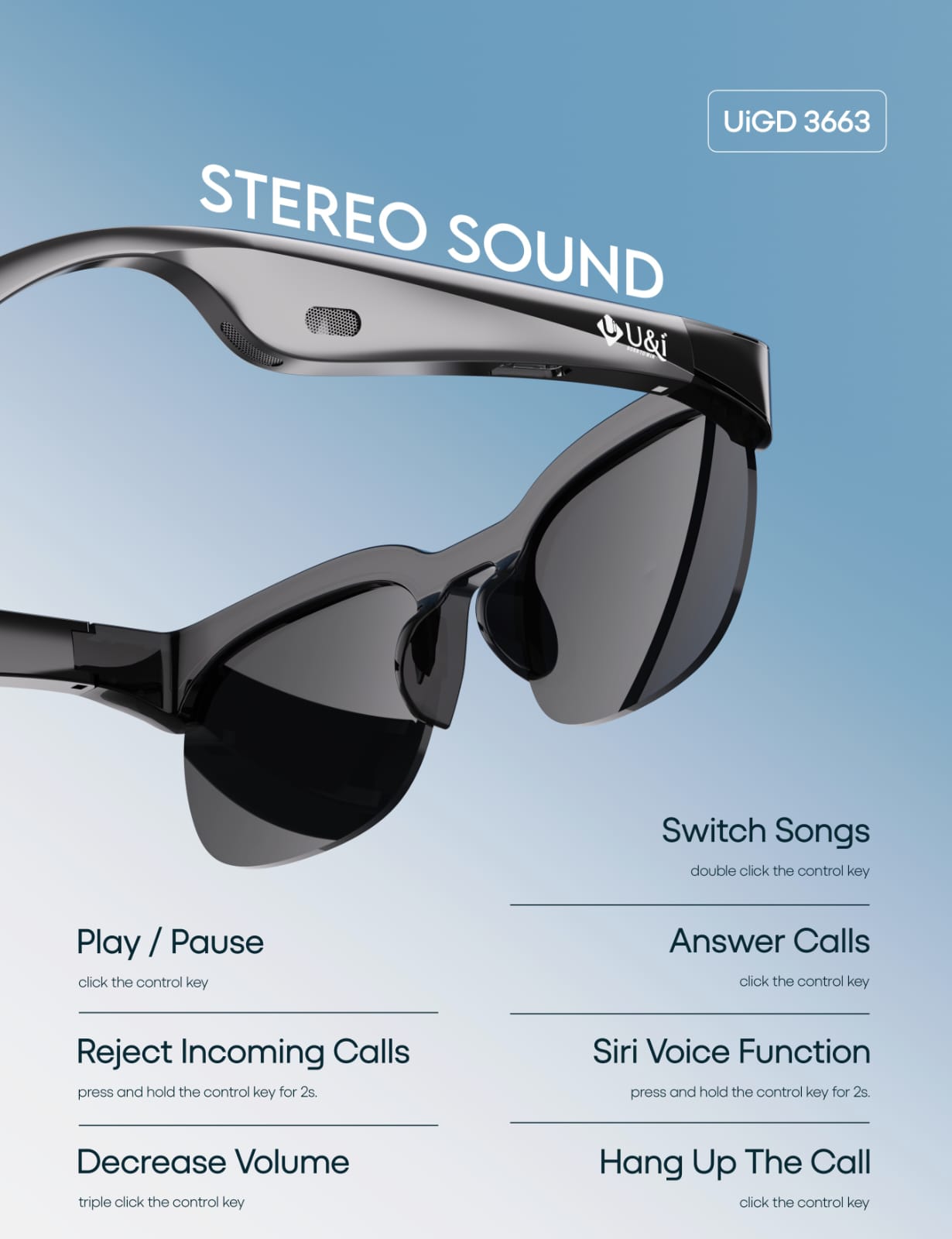 U&i UiGD 3663 wireless audio sunglasses in black